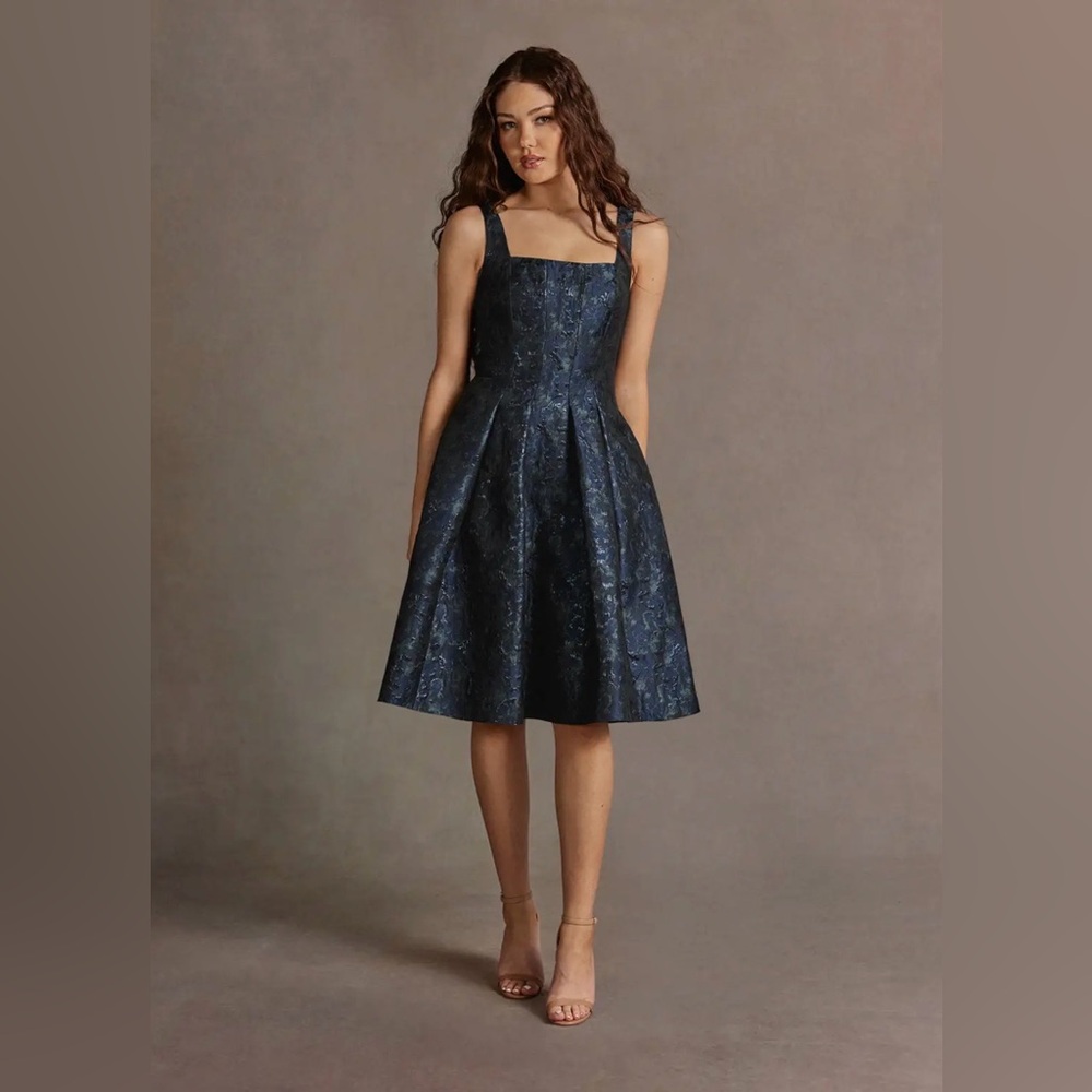 NWT Azazie Atelier Jackey Navy Jacquard Pleated Fit & Flare Midi Dress 10